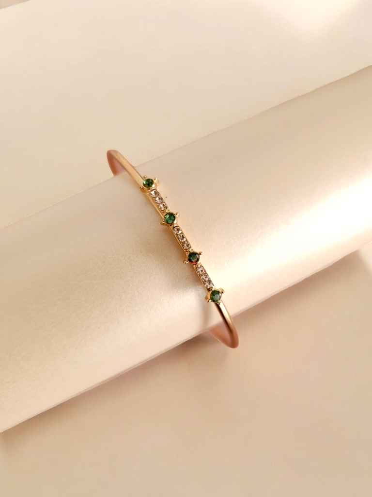 Open Bangle Bracelet with Emerald and Rhinestone Accents	