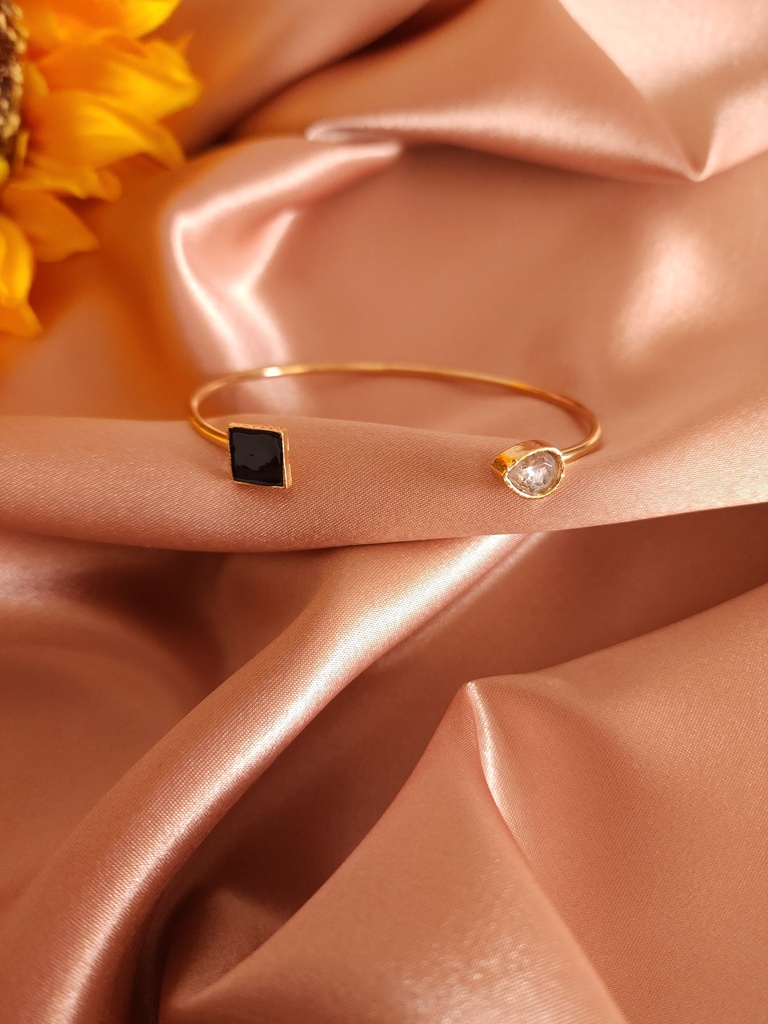 Teardrop Rhinestone and Black Enamel Open-End Bangle	