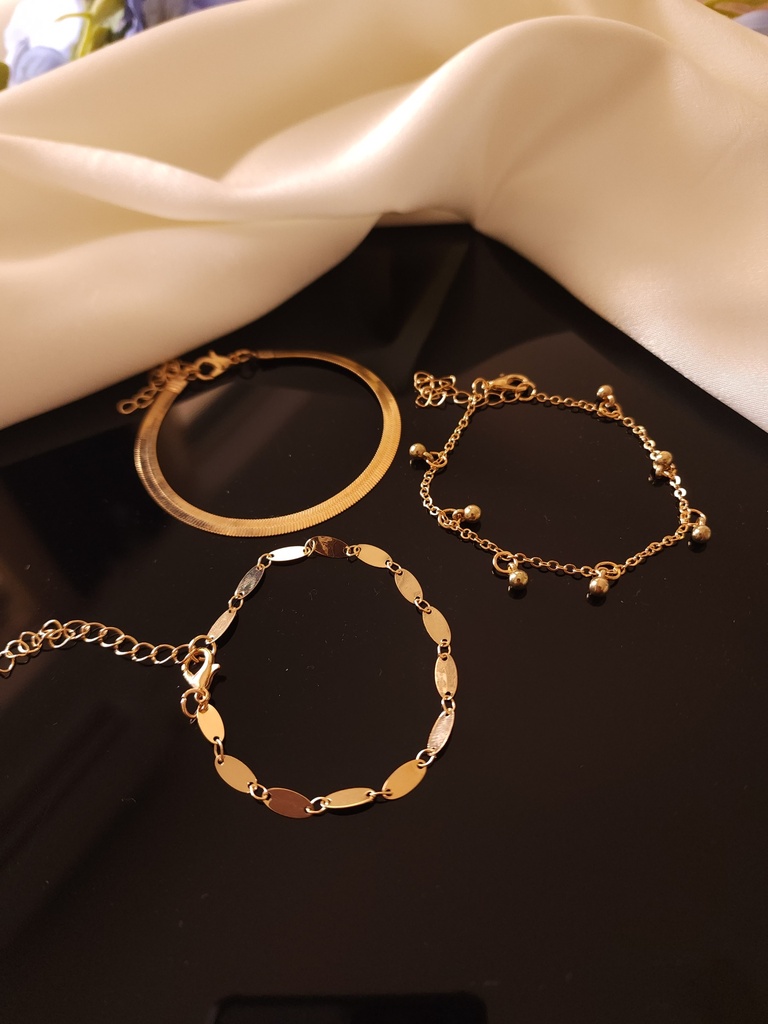 Golden Bead, Disc, and Chain Bracelet Trio	