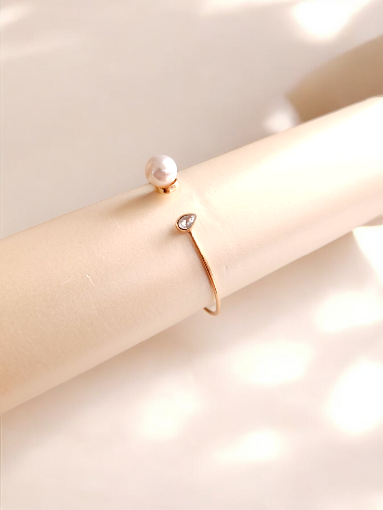 Pearl and Rhinestone Open-End Bangle Bracelet	