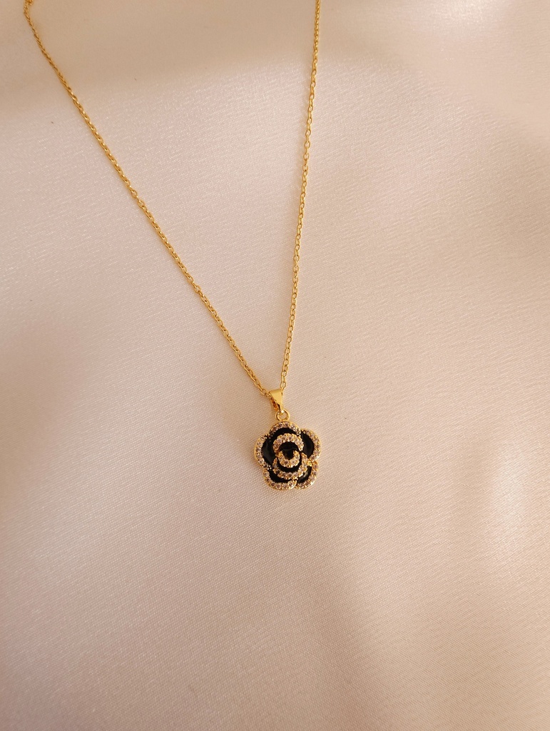 18k Gold Plated Necklace With Black Camellia Flower Pendant