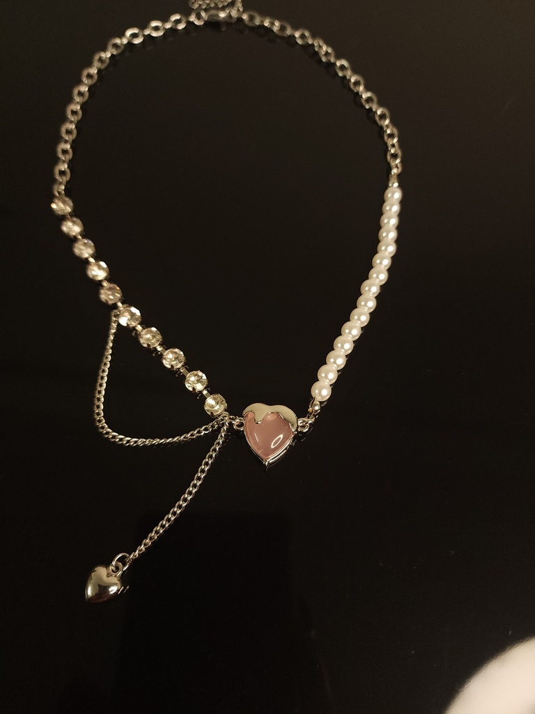 Vintage Pearl Necklace with Pink Crystal Heart