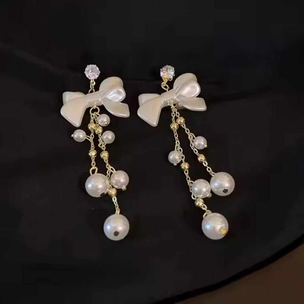 Delicate Pearl Bow-Shaped Tassel Earrings