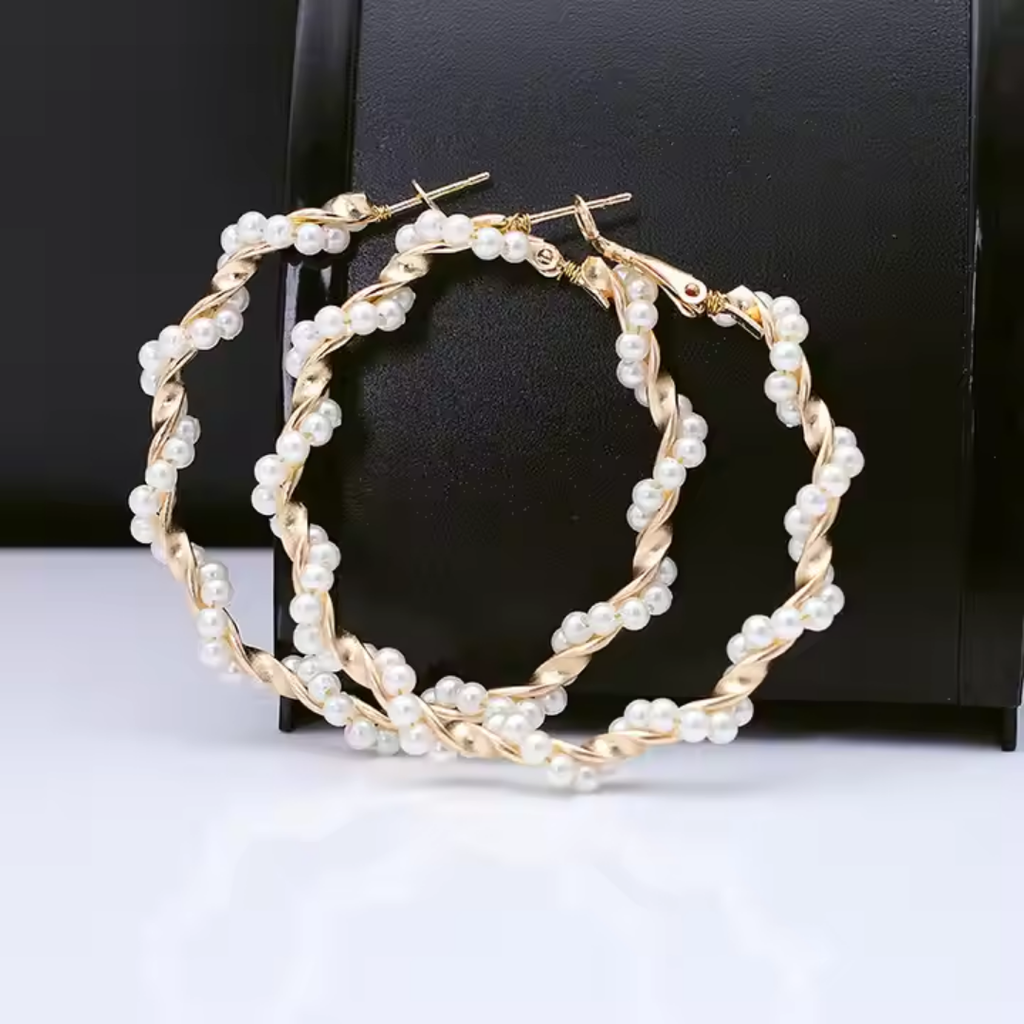 Retro Twisted Pearl Hoop Earrings