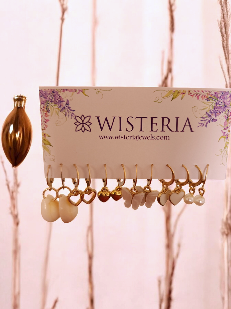 6 Pair Huggie Earrings Set with Shell, Hearts, Butterfly, and Pearl	