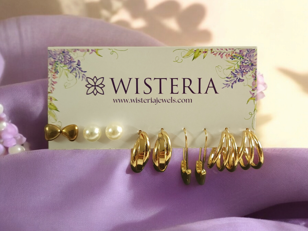 Set of 5 Studs and Bold Golden Hoop Earrings