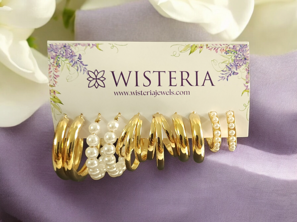 Golden & Pearl Hoop Earrings Set - 5 Piece Combo