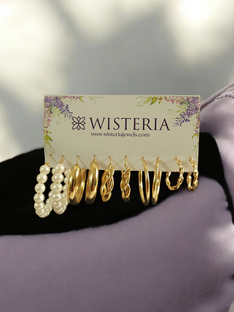 Set Of 5 Golden & Pearl Hoop Earrings