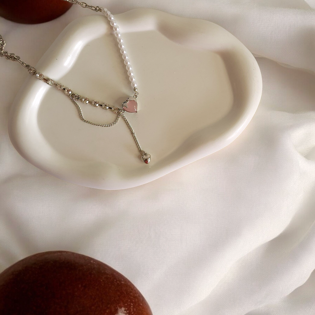 Vintage Pearl Necklace with Pink Crystal Heart
