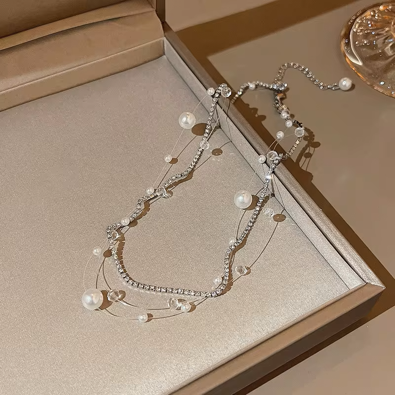 Layered Crystal and Pearl Necklace