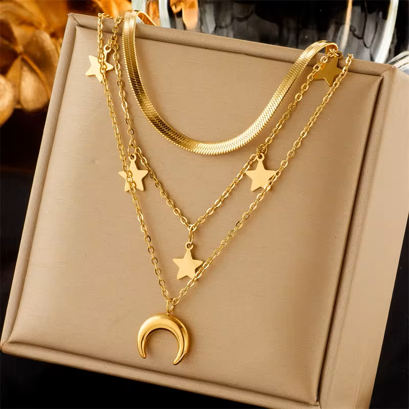 Ethereal Vintage Necklace: Triple Layered Stars & Moon