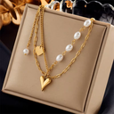 Golden Pearl Heart Layered Necklace