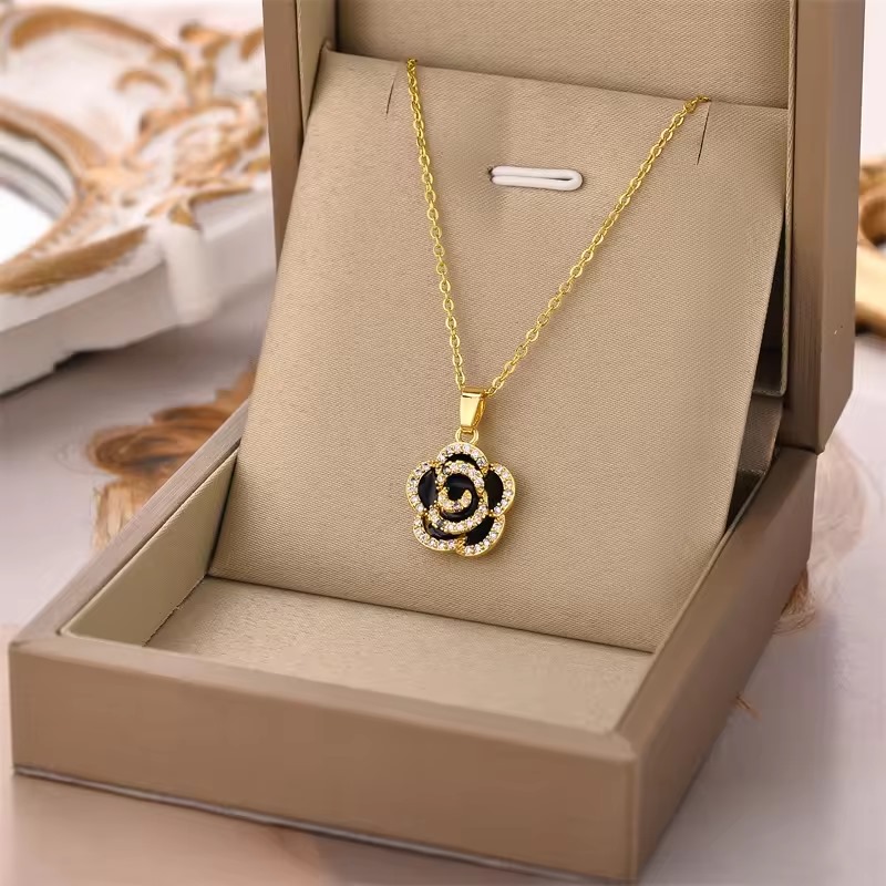 18k Gold Plated Necklace With Black Camellia Flower Pendant