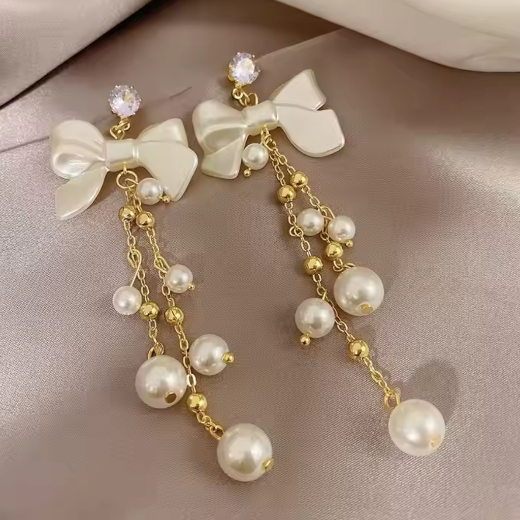 Delicate Pearl Bow-Shaped Tassel Earrings