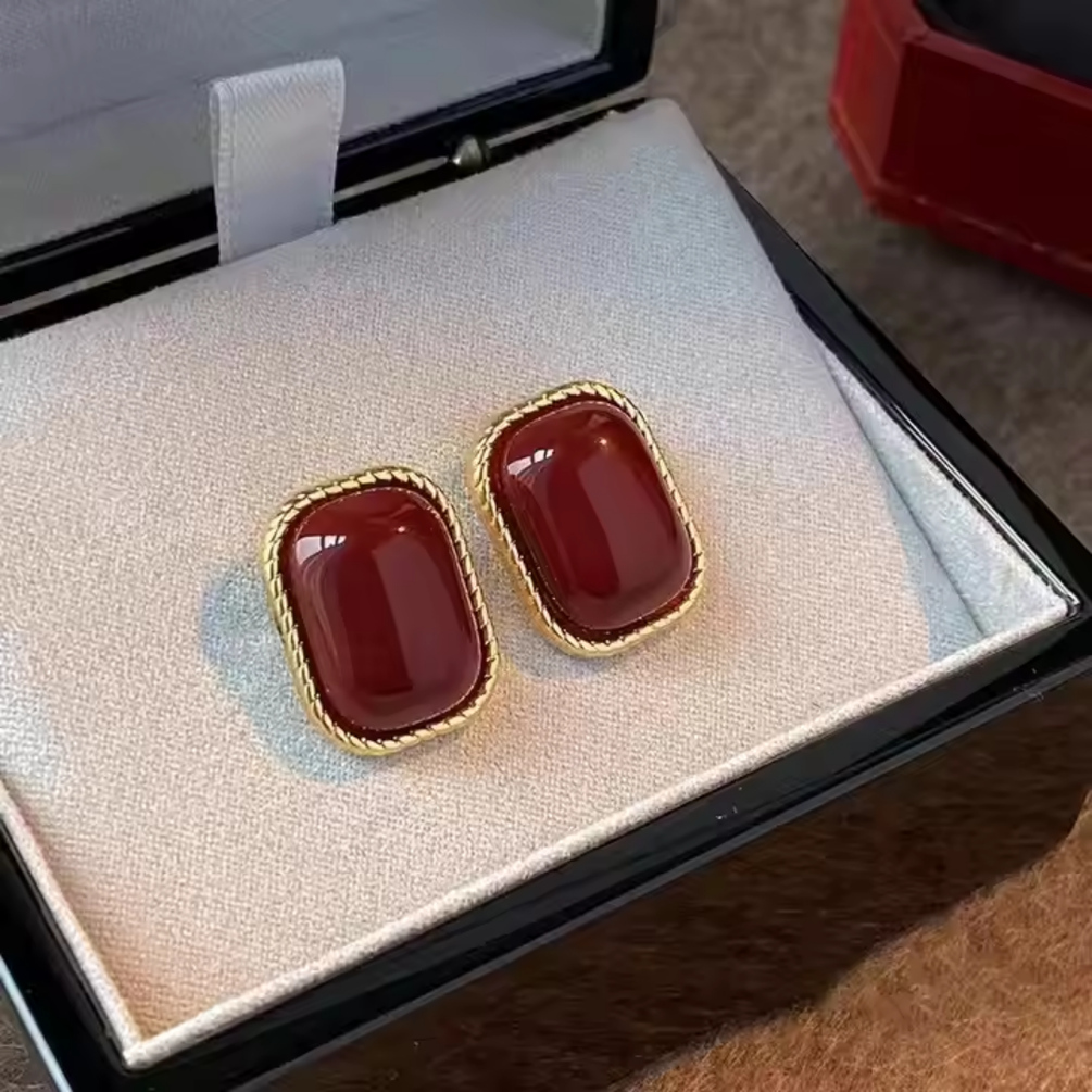 Bold Retro Wine Red Stud Earrings