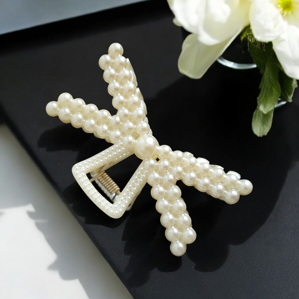 Korean Bow Claw Clips with Faux Pearls