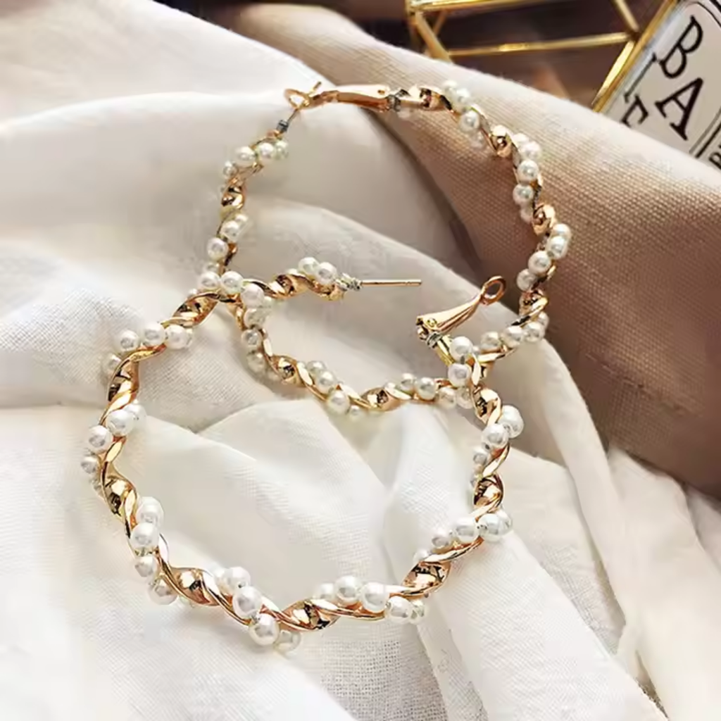 Retro Twisted Pearl Hoop Earrings