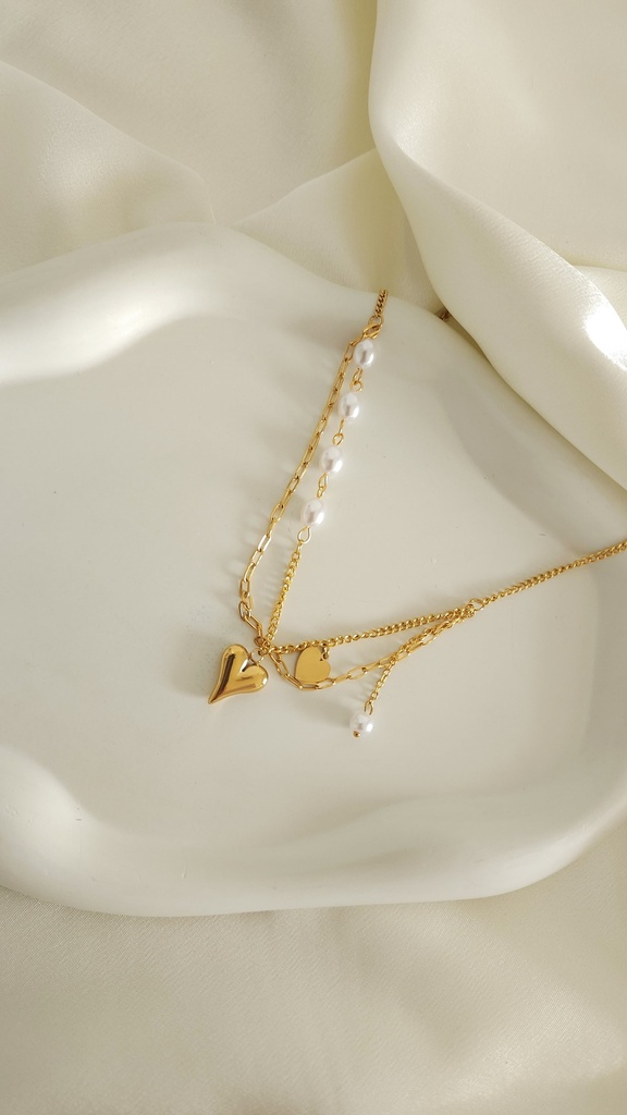 Golden Pearl Heart Layered Necklace