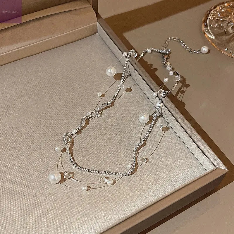 Layered Crystal and Pearl Necklace