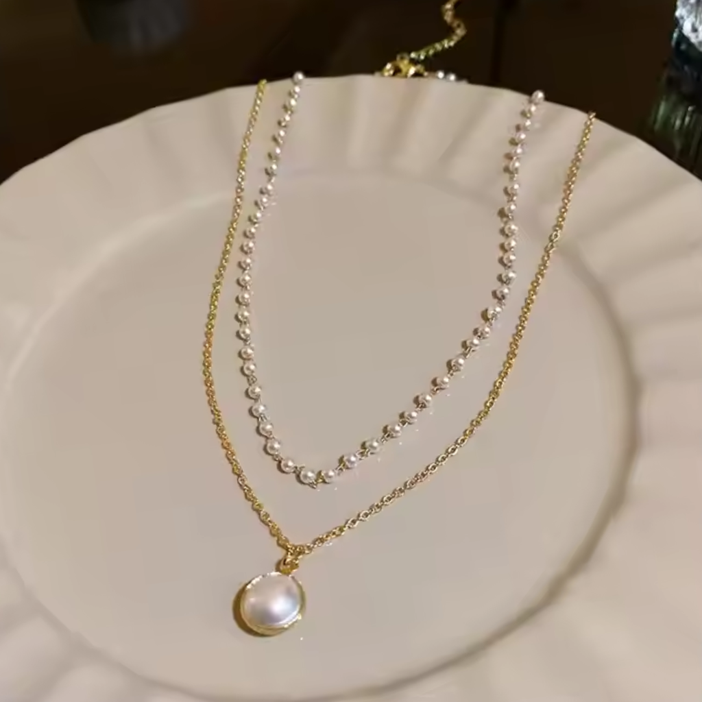 Korean Layered Pearl Necklace with Pendant