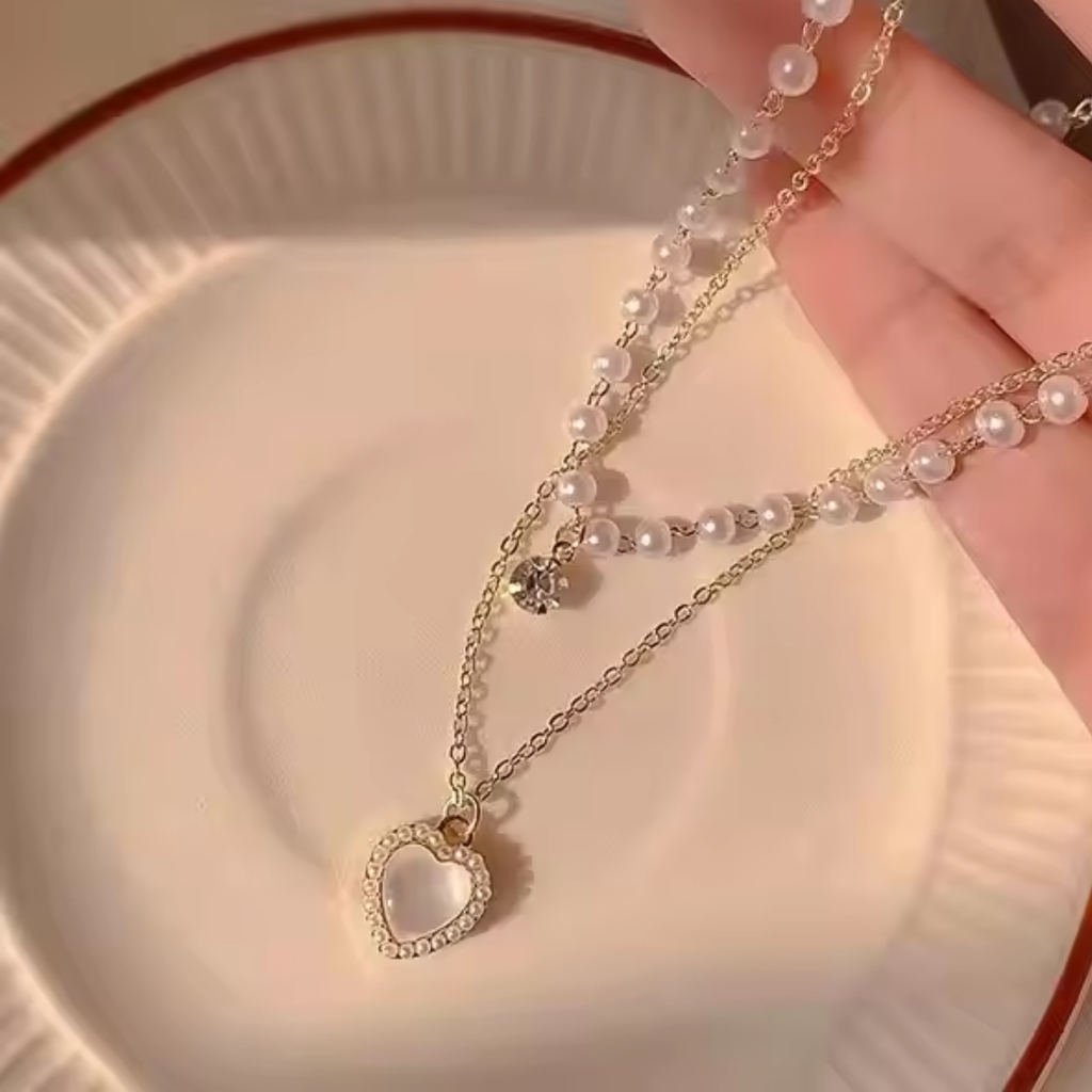 Layered Pearl Heart Necklace