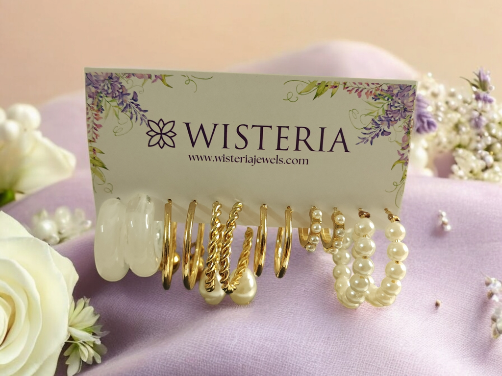 Set of 6 Ivory and Golden Huggie & Hoop Earrings