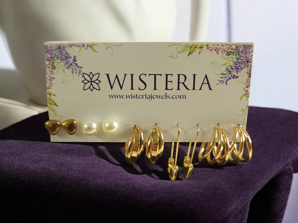 Set of 5 Studs and Bold Golden Hoop Earrings