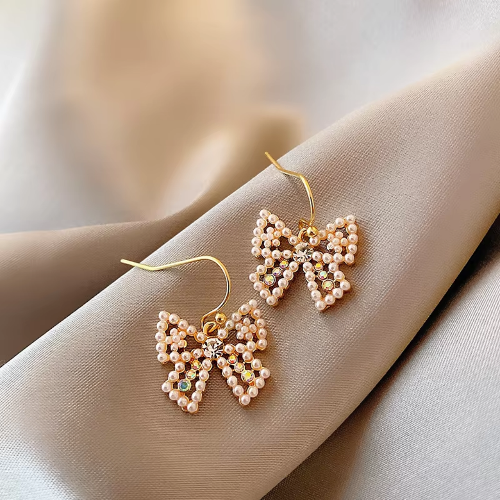 Korean Bow Pearl Drop Earrings