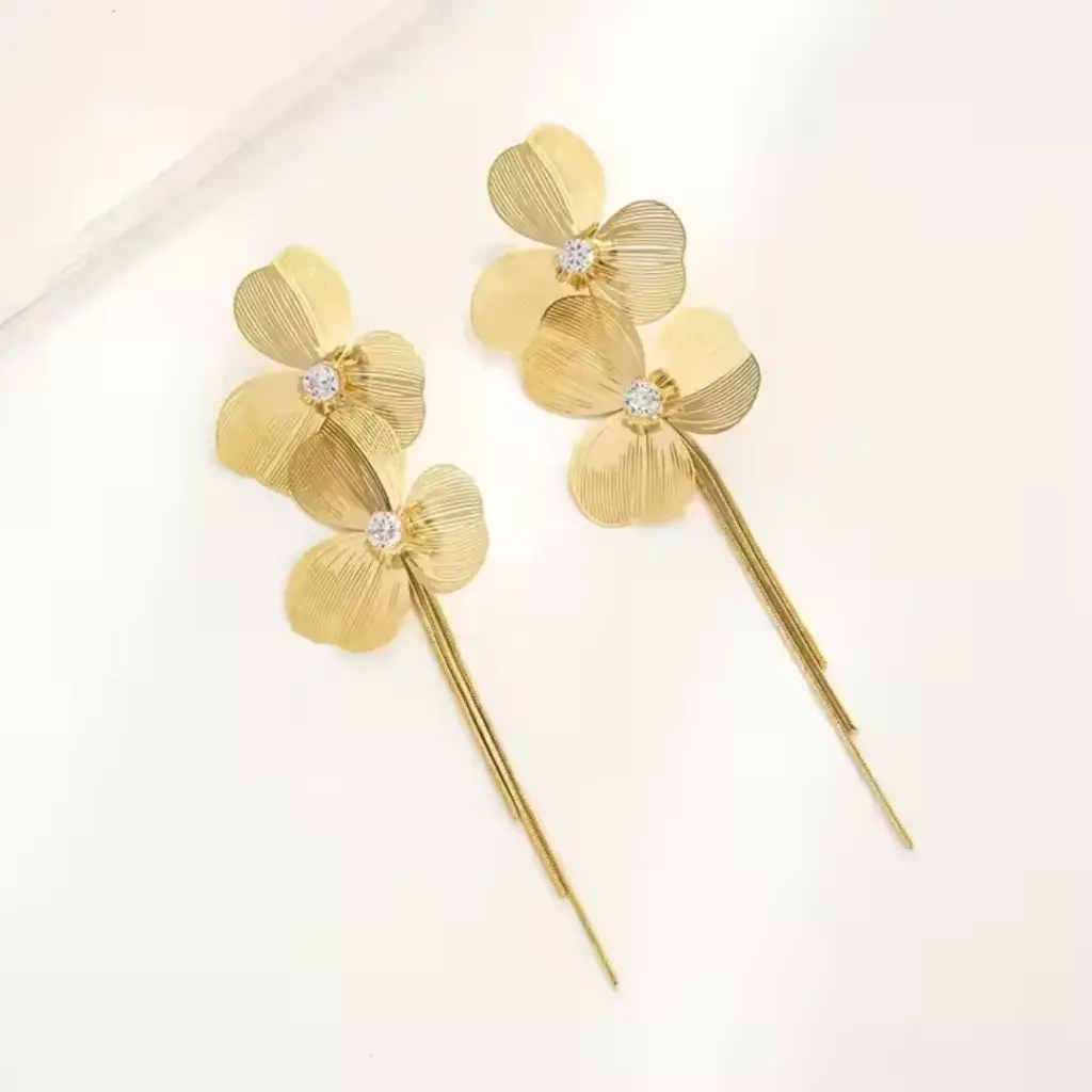 Elegant Floral Chain Linked Tassel Earrings
