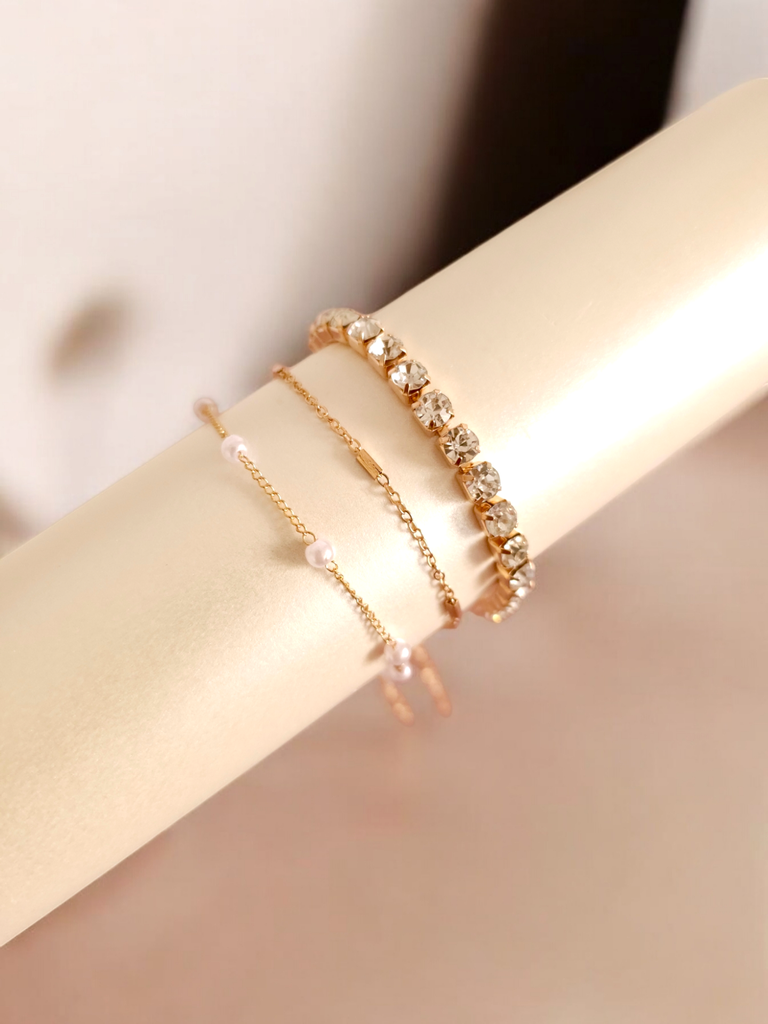 Luxe Trio: Rhinestone, Pearl, & Chain Bracelet Set 