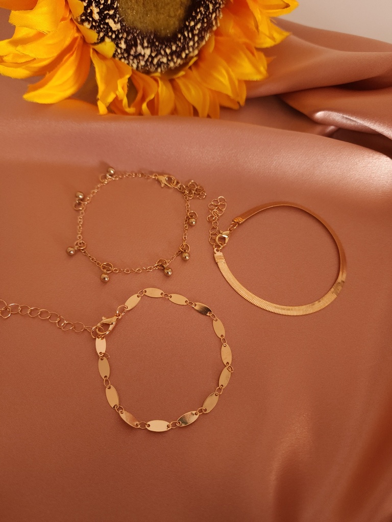 Golden Grace Bracelet Trio: Bead, Disc, and Chain
