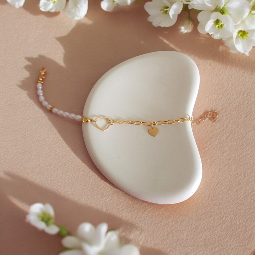 Timeless Love: Pearl & Chain Bracelet with Heart Charm