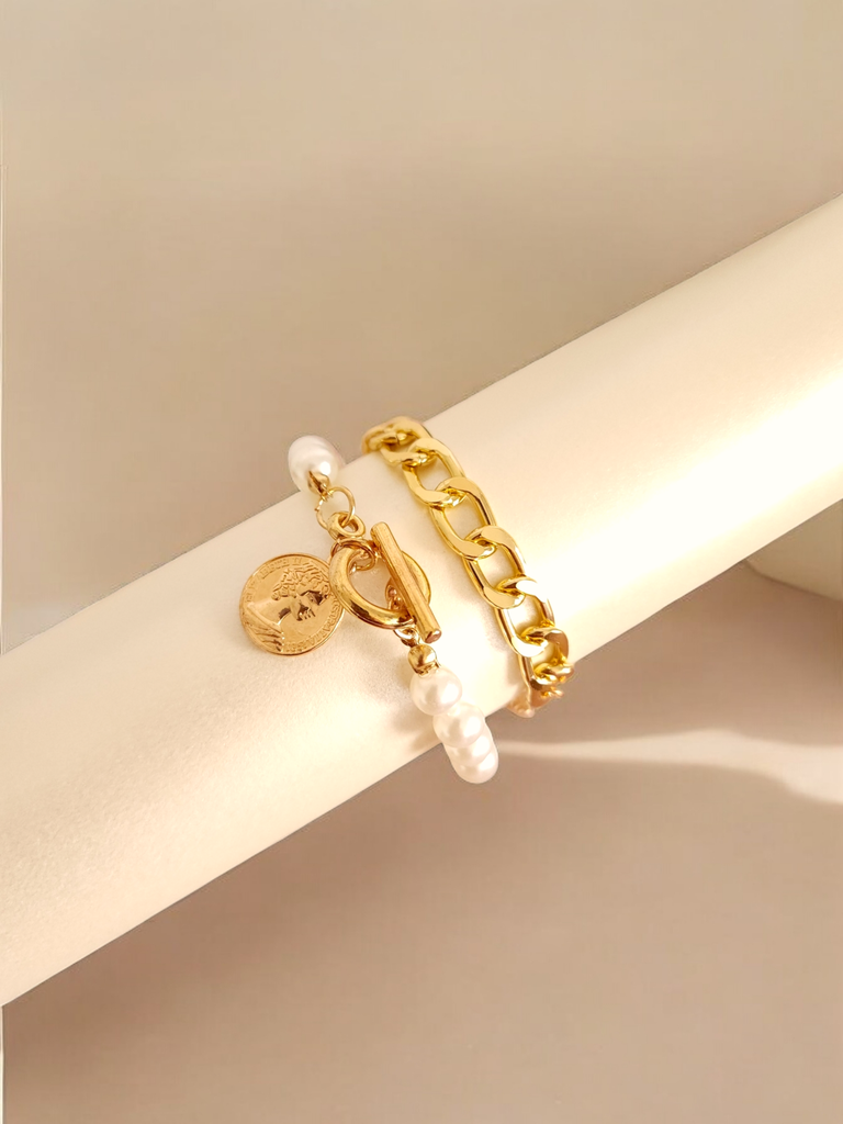 Bold Grace: Pearl Pendant & Chain Bracelet Duo
