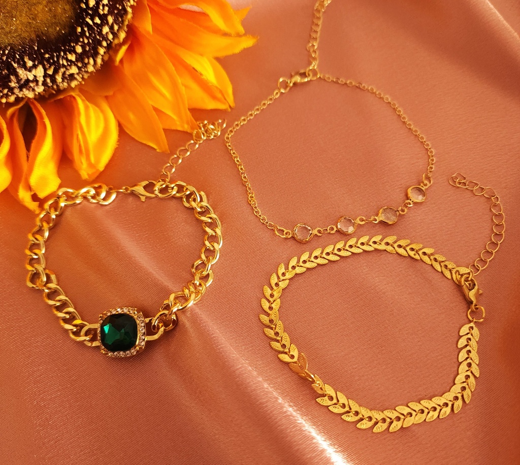 Verdant Mystique: Three-Bracelet Set with Emerald and Leaf Accents