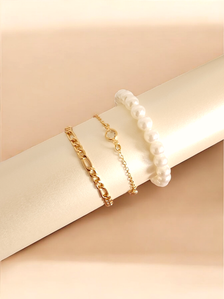 Lustrous Trio: Pearl, Rhinestone, and Medium Chain Bracelets