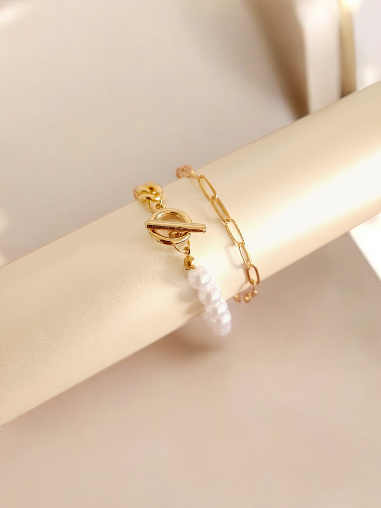 Dual Charm Bracelet Set: Half Pearl & Chain Design