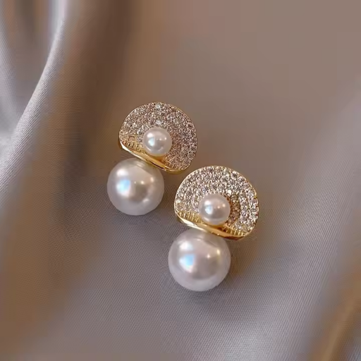 [ER-133-14-Whi] Pearl Crystal Earrings