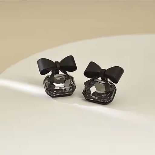 [ER-339-220-Bla] Black Crystal Bow Earrings