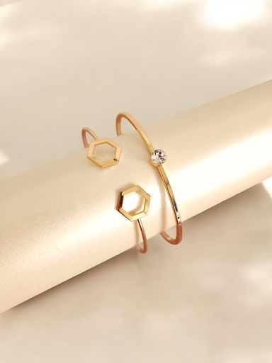 [BR-410-291-Gol] Modern Elegance: Rhinestone & Hexagon Bangle Duo